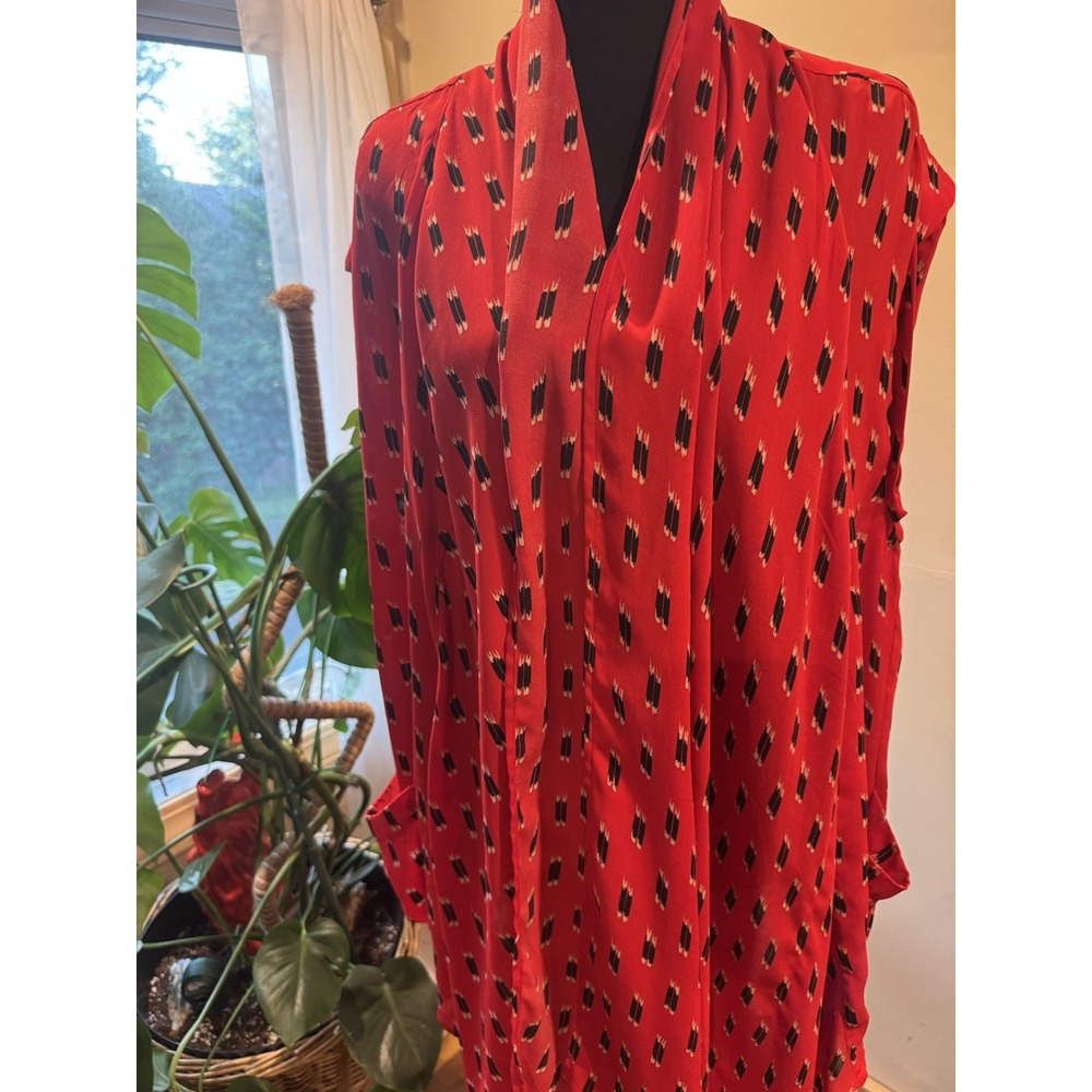 Silence + Noise Red Black White Geometric Wrap Sheer Cover Up Blouse L Pockets